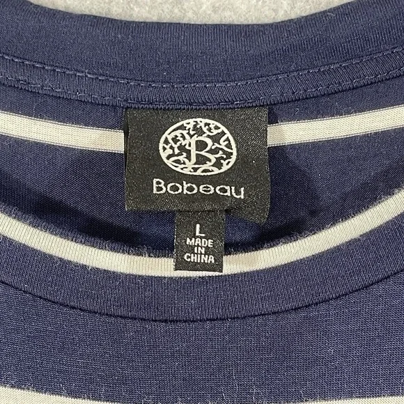 Bobeau Dress Women Large Navy White Midi Short Sleeve Round Neck Elastic Waist‎ - Picture 3 of 8